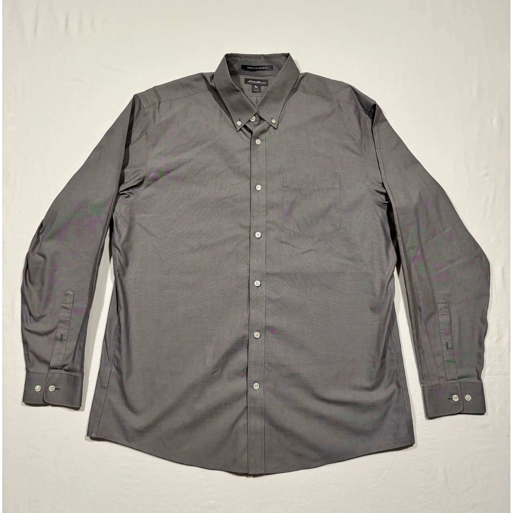 Eddie Bauer Mens Large Gray Wrinkle Free Relaxed Fitโ Long Sleeve Button Down
